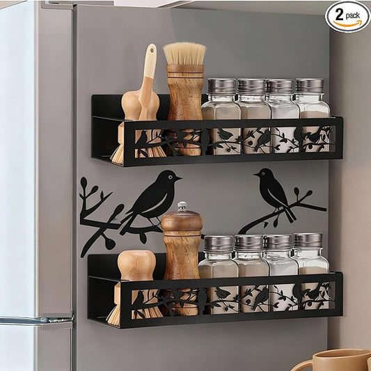 Beeveer 2 Pack Bird Magnetic Spice Rack for Refrigerator Metal Magnet Basket Shelf for Fridge Seasoning Storage Organizers Home Decor Kitchen Accessories