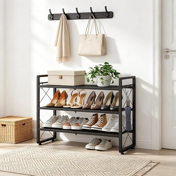 ELYKEN Shoe Rack, 3-Tier Expandable Shoe Organizer for Closet, Metal Black Shoe Shelf with 4 Hooks, Adjustable Shoe Stand Holder for Entryway, Garage, Door Entrance