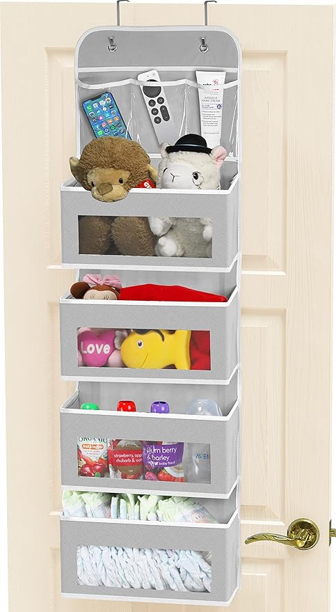 Simple Houseware 4 Clear Window Pocket Over Door Hanging Organizer, Gray | with 3 Clear Pockets, Over the Door Storage for Closet, Bedroom, Bathroom, Pantry