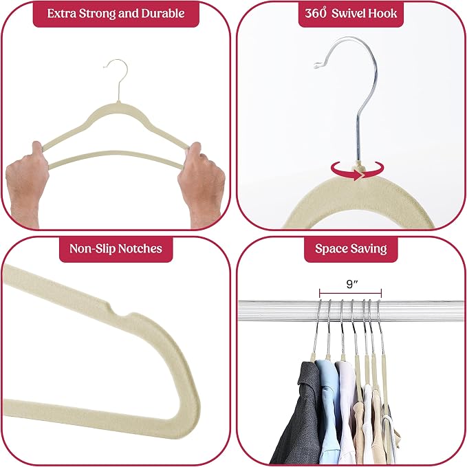 LDC Ivory Velvet Hangers 30 Pack - Premium Non-Slip Clothes Coat Pants Felt Hanger for Closet - Heavy Duty Space Saving 360° Swivel Hook Hangars - Ivory