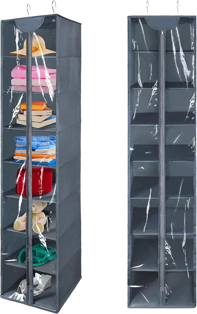 Libeder Hanging Closet Organizer, 8-Shelf Wardrobe Clothes Storage Organizer with Zipper,Hanging Shelves for Sweater,Shoes,Purse,Hats,Gray