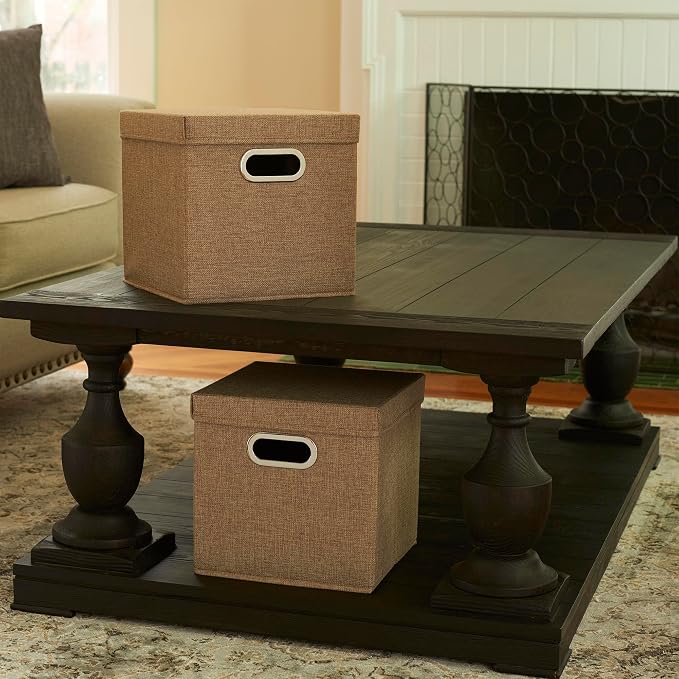 Household Essentials 802-1 Café Cube Bin Storage Set with Lids and Handles | 16 Pack, Brown Linen