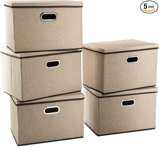 PRANDOM Large Collapsible Storage Baskets with Lids [5-Pack] Jute Fabric Foldable Storage Bins Boxes Organizer Containers Cube with Cover for Home Bedroom Closet Office Nursery (17.7x11.8x11.8)
