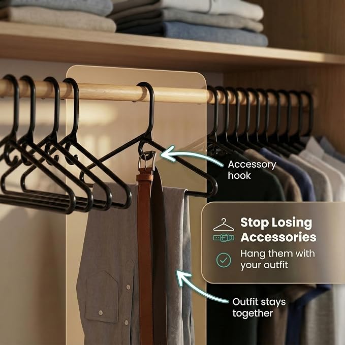 DEILSY™ Black Heavy Duty Hangers with Hooks for Scarves & Belts – Thick and Strong Clothes Hangers for Shirts, Jackets, Pants, and Dresses – Space-Saving Plastic Hangers – Pack of 10