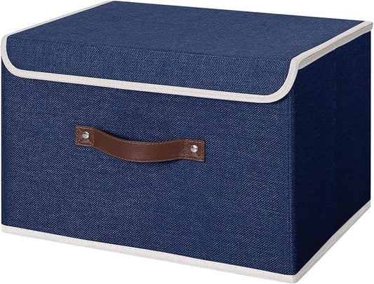 ANMINY Storage Bin with Lid Storage Boxes with PU Leather Handles PP Plastic Board Decorative Foldable Lidded Cotton Linen Fabric Home Cubes Baskets Closet Organizer Container - Blue, Large Size