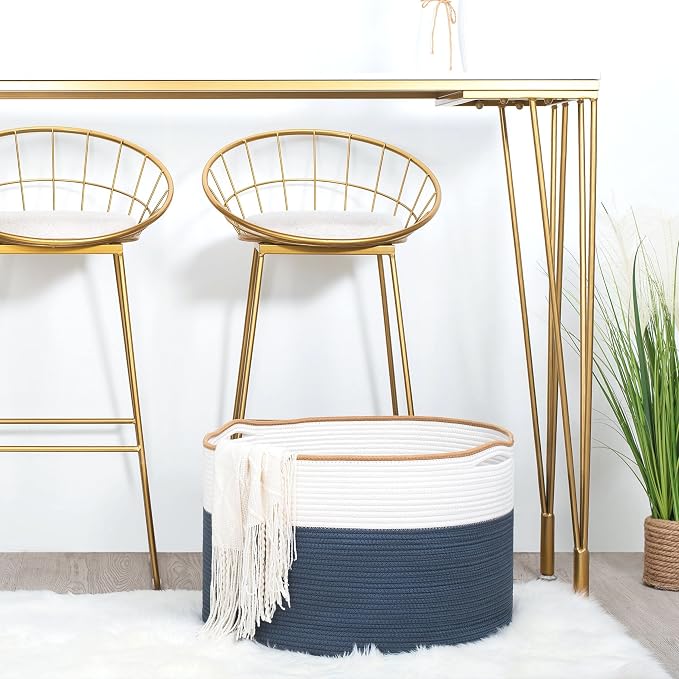 MINTWOOD Design Extra Large 22 x 14 Inches Decorative Woven Cotton Rope Blanket Storage Basket Bin Living Room and Laundry Hamper for Pillows, Pool Towels, Dog Toys, Shoes, Prussian Blue