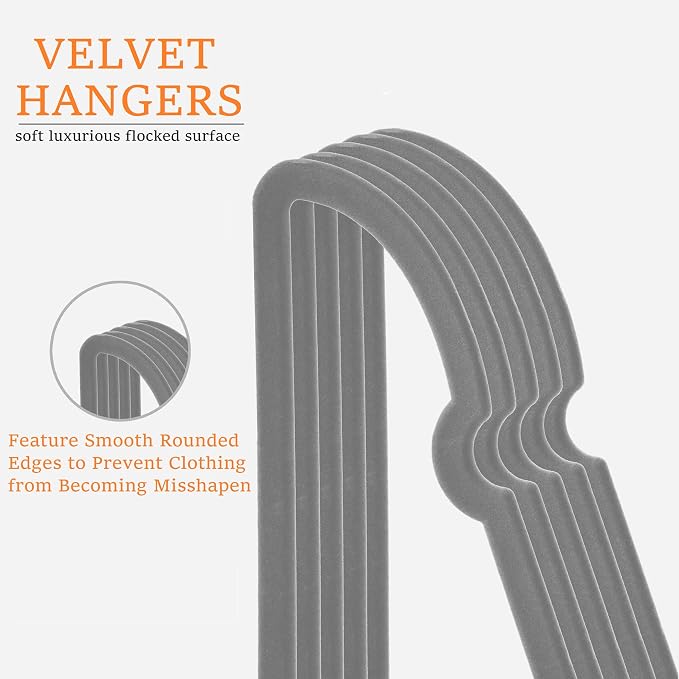 Velvet Hangers 50 Pack,16 Inch Non Slip Adult Heart Hanger (Grey) | 360° Swivel Hooks, Cascade Design, Space Saving