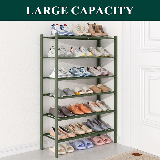 Smiry Bamboo Shoe Rack for Closet, 6 Tier Wooden Shoe Organizer, Stackable Wood Shoe Storage Shelf for Entryway, 14 Vertical Slats, 3+3 Stack Heavy-Duty Legs, 26.77"x11.02"x36.61", Green