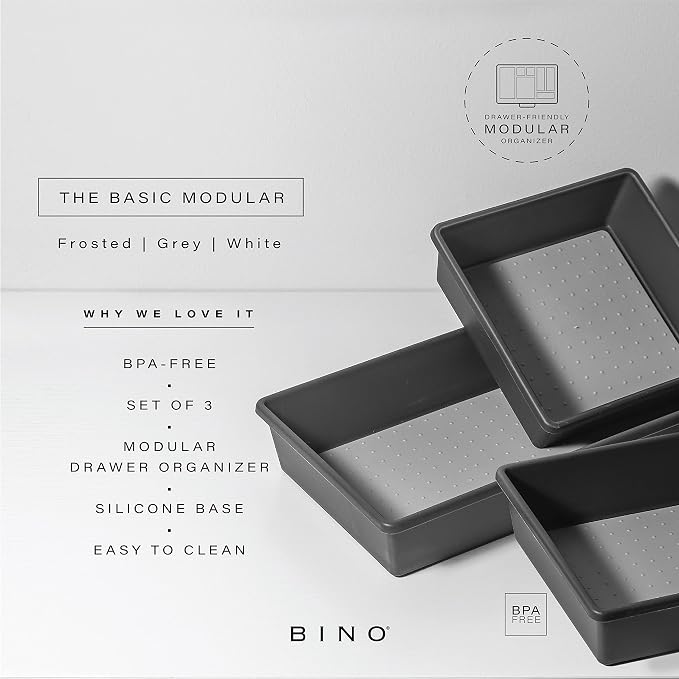 BINO | 3-Piece Drawer Organizer Bin Set, Large - Grey | THE MODULAR | Multi-Purpose Storage | Soft-Grip Lining and Non-Slip Rubber Feet | Durable | BPA-Free | Desk Drawer Organizer | Vanity Organizer