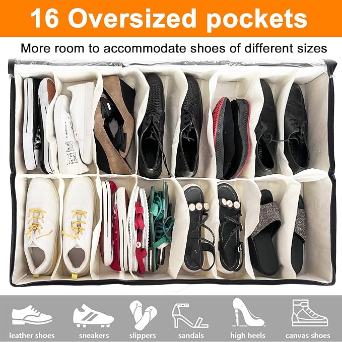 homyfort Shoe Storage Organizer Under Bed, 2 Pack Fits 32 Pairs, Extra Large Shoe Container, Breathable Fabric Underbed Storage for Sneakers, Slippers, Closet, Grey
