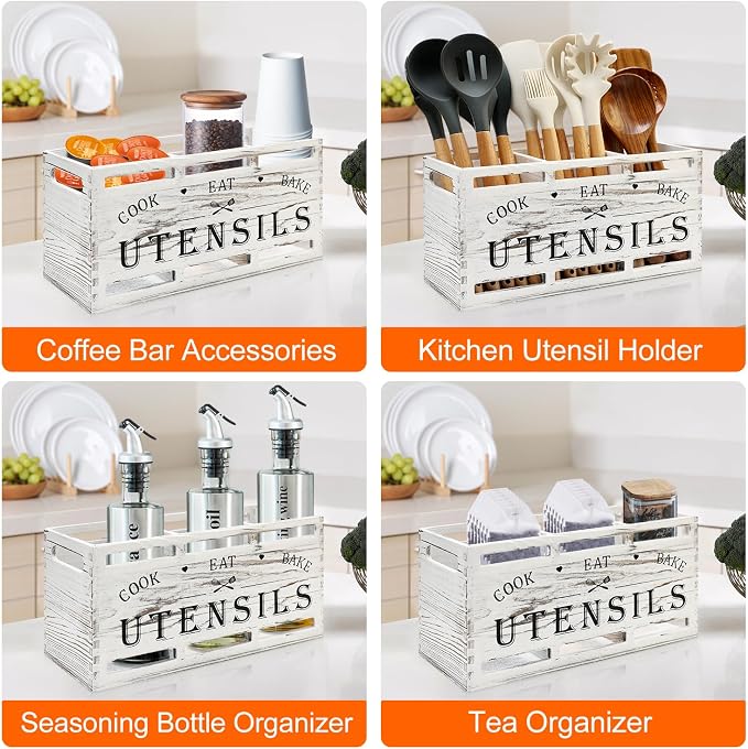 White Cooking Kitchen Utensils Holder Large Wooden Spoon Spatula Holders | Big Wood Utensil Organizer Farmhouse Wooden Utensil Caddy Rustic Spoon Holder Countertop Kitchen Tools Decor Utensil Crocks