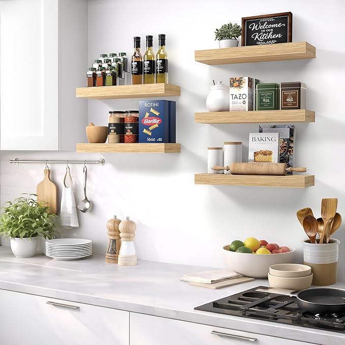 Sorbus Floating Shelves for Wall – 16 Inch Floating Shelf for Kitchen, Bedroom, Living Room, Bathroom, Home & Wall Decor - Mounted Bathroom Shelves with Invisible Brackets (Maple Wood, 5 Pack)