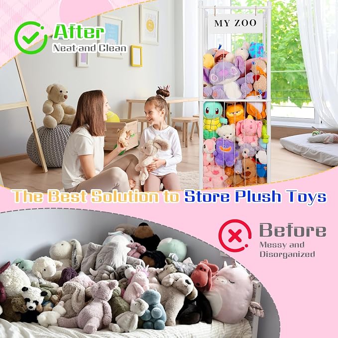 GLDZI Stuffed Animal Storage Zoo, Wooden Stuffed Animal Organizer with Elastic Cords for Boys Girls, Space Saving Toy Plushies Storage Holder for Playroom, Bedroom, Living Room (White, Large)
