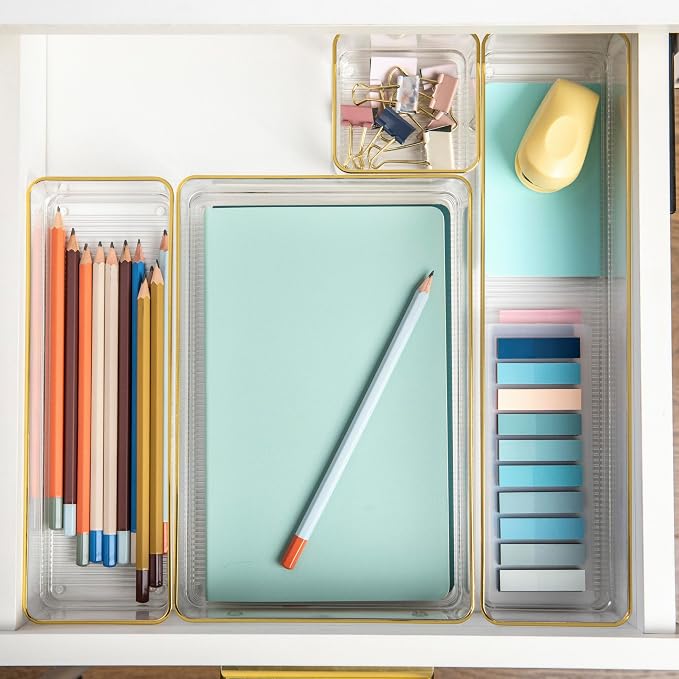 Martha Stewart Kerry Plastic Stackable Office Desk Drawer Organizers, Set of 8, with Gold Trim
