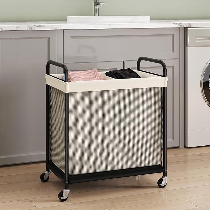 ELYKEN Laundry Hamper 2 Section, 100L Rolling Laundry Sorter with Removable Liner Bag, Laundry Basket with Wheels, Steel Frame with Metal Handle, Clothes Hamper Cart for Laundry Room & Bedroom