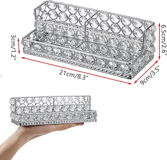 Hipiwe Silver Business Card Display Holder 2 Tiers Crystal Business Card Storage Stand with 4 Slots Office Desktop Organizer for Exhibition