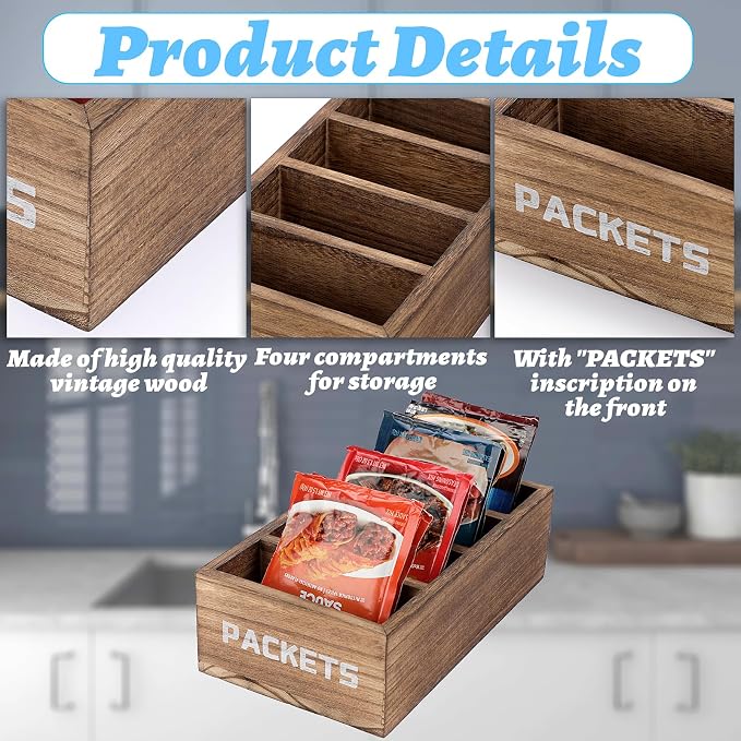 BSTKEY Seasoning Packet Organizer, Food Packet Storage Organizer with 4 Compartments, Wooden Storage Caddy for Kitchen Pantry Cabinet, Farmhouse Kitchen Organization Bin for Snacks Spice Packets