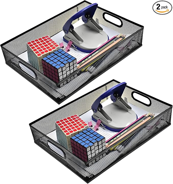 Metal Mesh Desk Organizer Tray, 2 Pack, for Office | Heavy-duty metal mesh. Fits A4/letter. 12.6 x 9.1 x 2.8 in. Large capacity for home, school, office supplies.