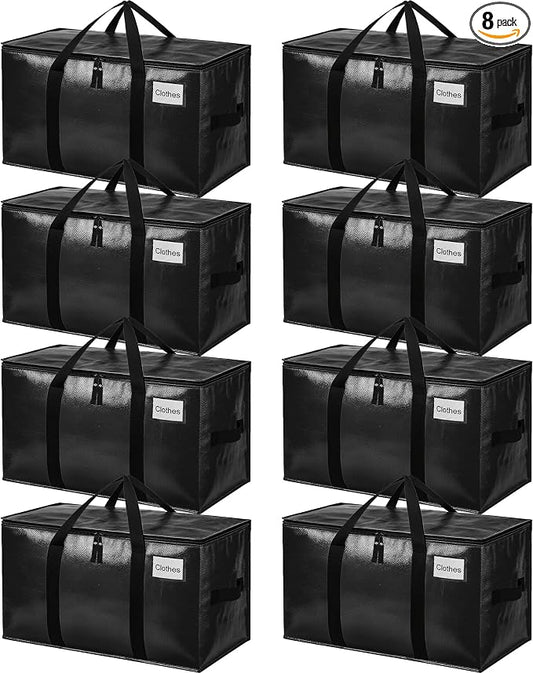 BAGAIL Heavy Duty Moving Bags with Strong Handle, Extra Large Moving Boxes, Storage Tote for Clothes, College Moving Supplies(Black, 8 Pack)