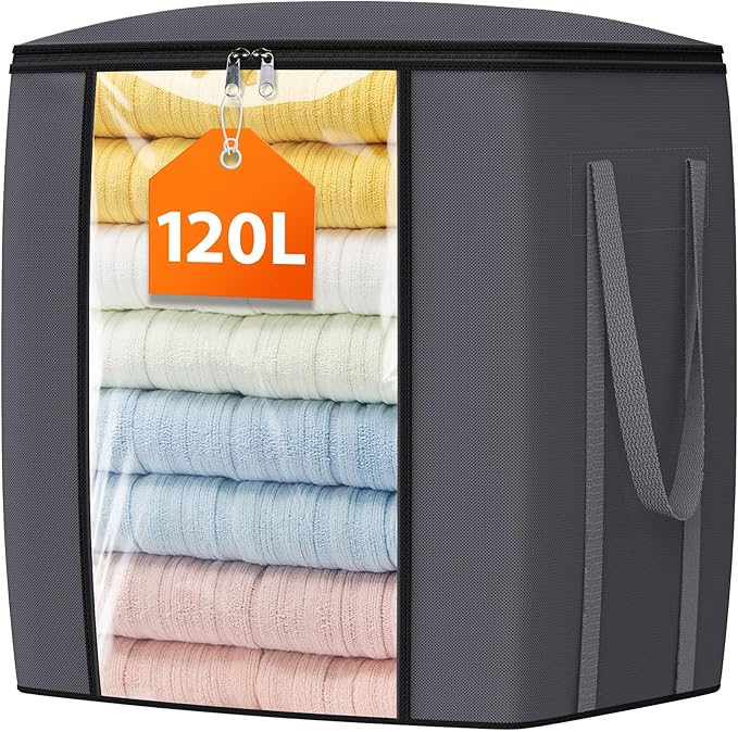 TasticTotes 120L Extra Large Clothes Storage Bags, Foldable Blanket Storage and Organization, Thick Fabric Containers with Reinforced Handles & Zippers for Clothing, Comforters, Bedding, Gray, 1 Pack