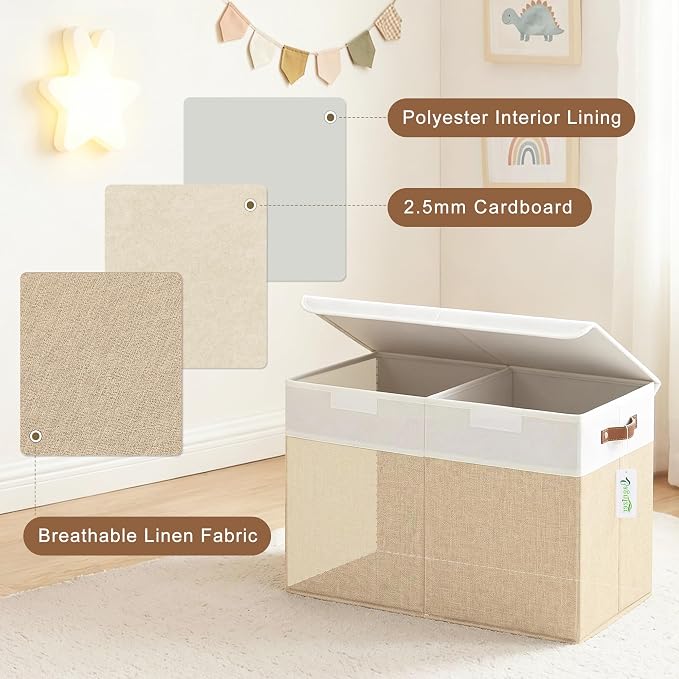 Bagnizer Large Toy Storage Box with Lids, Collapsible Sturdy Baby Storage Organizer Chest Bin Basket for Kids, Boys, Girls, Playroom, Nursery, Bedroom, Closet 25"x13"x16" (Beige and White)