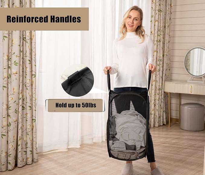 HOUSE AGAIN Mesh Popup Laundry Hamper, [Reinforced] Collapsible Laundry Basket, Foldable Pop Up Hamper with Durable Handles, Easy to Open and Fold for Dorm, Laundry Room, Bedroom, Travel, (Black)