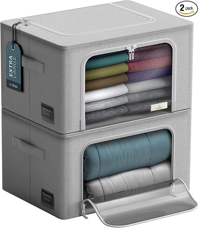 Sorbus Jumbo Storage Bins with Metal Frame - Oxford Fabric Storage Containers with Large Clear Window & Carry Handles - Stackable & Foldable Clothes Organizer Bags for Bedding Linen, Clotheing & More
