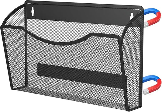 MINDEPOT Magnetic Wall File Holder - Metal Mesh Wall File Organizer with Powerful Magnet Single Pocket Wall Folder Holder for Office File Cabinet Whiteboard, No Assembly Required, Space Saver, Black