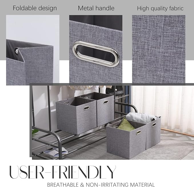Collapsible Organization Basket Fabric Foldable Box with Handles, 13x13 Cube Storage Bins Set of 4, Thick and Heavy Duty Storage Baskets for Shelves Bedroom Livingroom,Gray