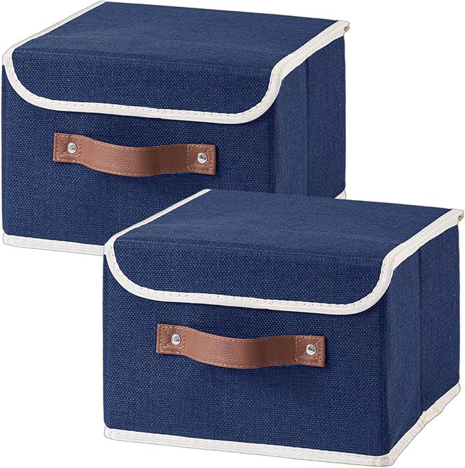 2PCS Collapsible Storage Boxes Baskets with Lid Cotton Linen Fabric Storage Bins with Faux Leather Handles Washable Cube Organizer Container for Home Closet Bedroom (Blue, Small Size)