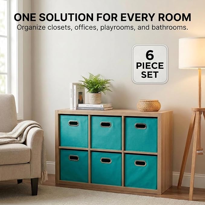 Household Essentials Fabric Storage Bins in Strong Poly‑Woven Fabric, Sturdy Chipboard Sides, Grommet Front Handle, Teal Green, Set of 6