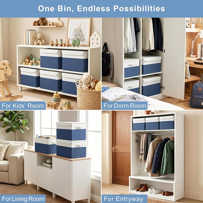 Large 17" 42 Quarts Collapsible Stackable Storage Bins with Lids [3-Pack] Foldable Fabric Linen Storage Boxes Cube, Closet Organizer Baskets with Label for Home (16.7 x 12 x 12", Navy Blue & White)