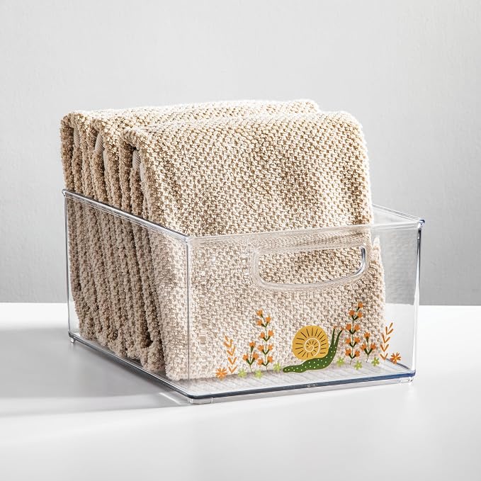 iDesign Bathroom Organizer Bin with Decorative Print - Stackable Plastic Storage Basket for Makeup & Vanity Organization - Clear
