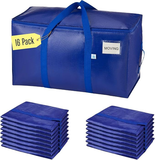 VENO 16 Pack Heavy Duty Moving Bags, 90L Extra Large Moving Boxes Alternative, 50lbs Load,Wraparound Handles,Zippers & Tag,Packing Supplies for College Dorm Essentials, Clothes Storage(Blue)