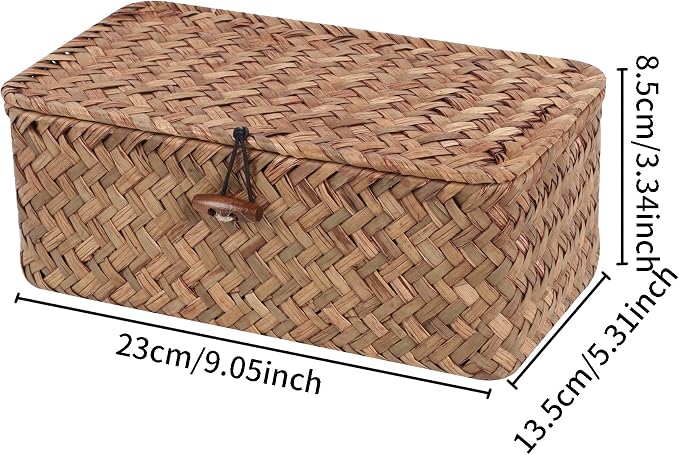 FEIALNDUO Wicker Shelf Baskets with Lid,Seagrass Storage Basket Bins Rectangular Handwoven Basket Boxes for Shelves Desktop Home Organizer (Coffee, X-Small)