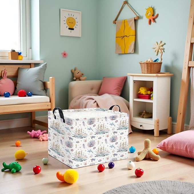Rectangular Kids Storage Basket Boys for Home Kitchen Girls Cute Storage Bin Organizer Shelf Book Room Decor(Sea Castle)