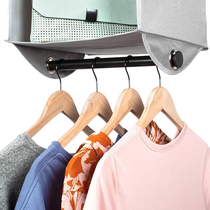 HOLDN’ STORAGE Hanging Closet Organizer with Garment Rod, 3-Shelf | Heavy Duty Hanging Shelves for Clothes, Sweaters & Shoes, 600D Fabric Storage Unit with Built-in Clothing Rod, Grey