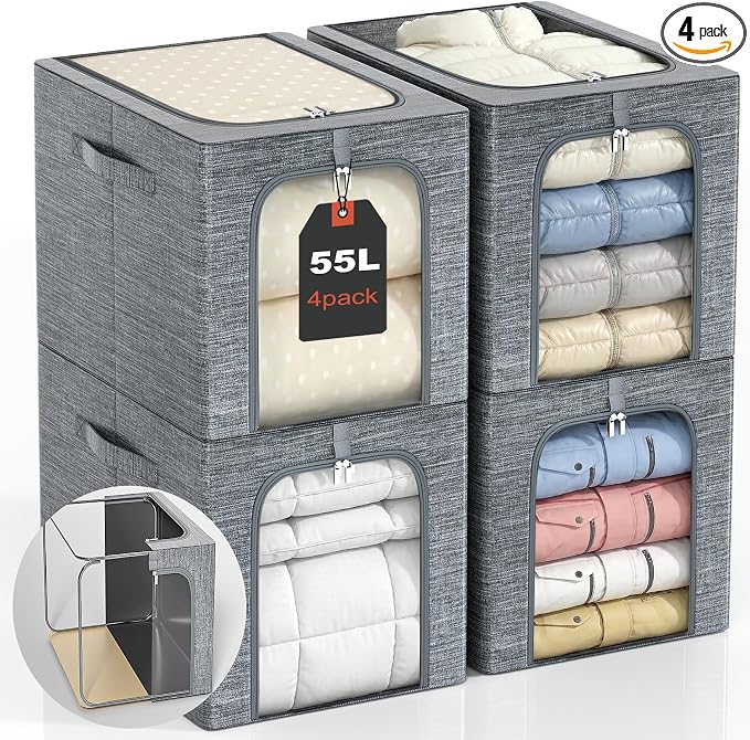 GoMaihe Clothes Storage Bins Metal Frame: 55L Extra Large Stackable Closet Storage Organizer with Lid & Clear Window, Heavy Duty Blanket Boxes for Winter Coats Comforters (Fits Deep Closet 4-Pack)