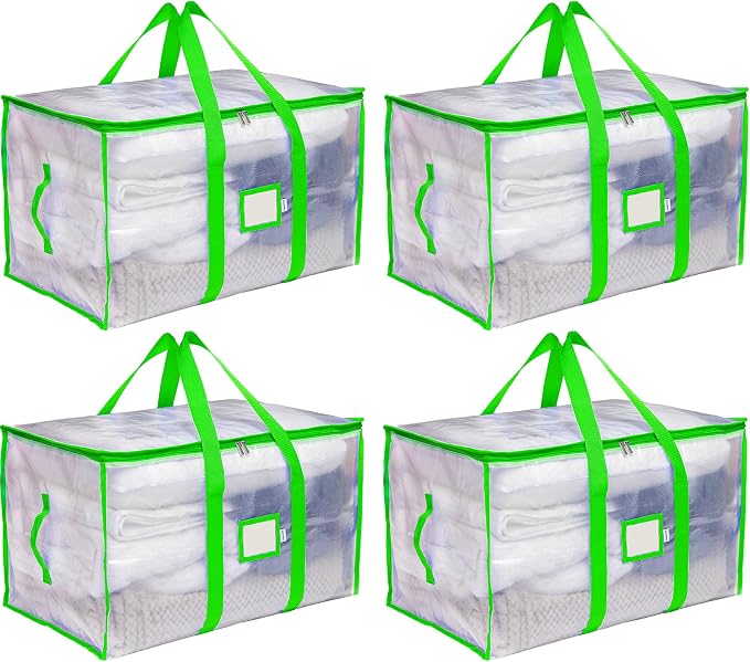 Storage and Moving Bags - Heavy Duty, Dust Protection and Water Resistant, Durable Zipper Closure and Sturdy Handles Best Moving Boxes Alternative (Green, 4 Pack)