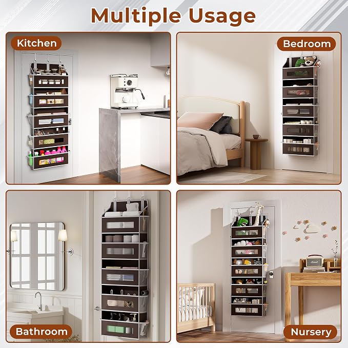5 Tier Over The Door Organizer - Large Capacity Behind Door Hanging Shelves with 10 Mesh Pockets and Clear Windows, Closet Organizers and Storage for Bathroom, Bedroom, Nursery, Brown