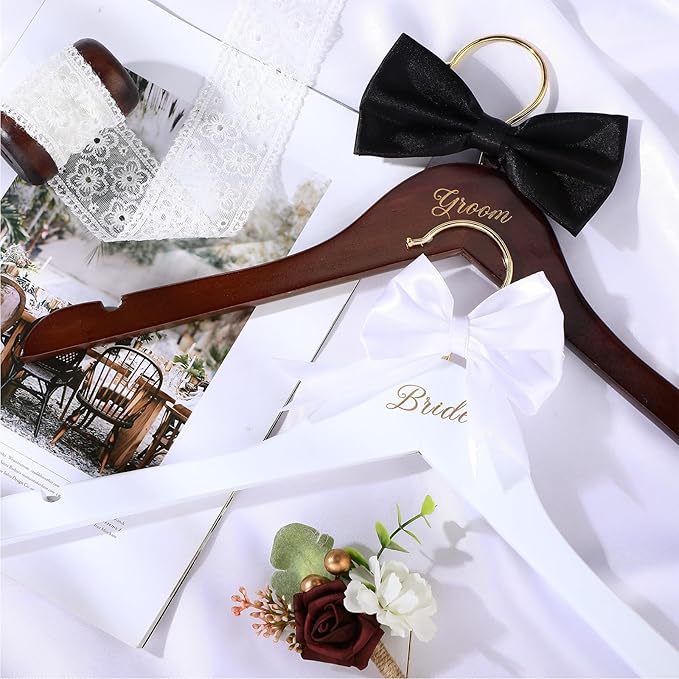Beeveer 2 Pcs Bride Hanger for Wedding Dress Bride and Groom Wooden Wedding Dress Hanger Set with Bow Tie for Tuxedo Suit Gift Bridal Party Shower