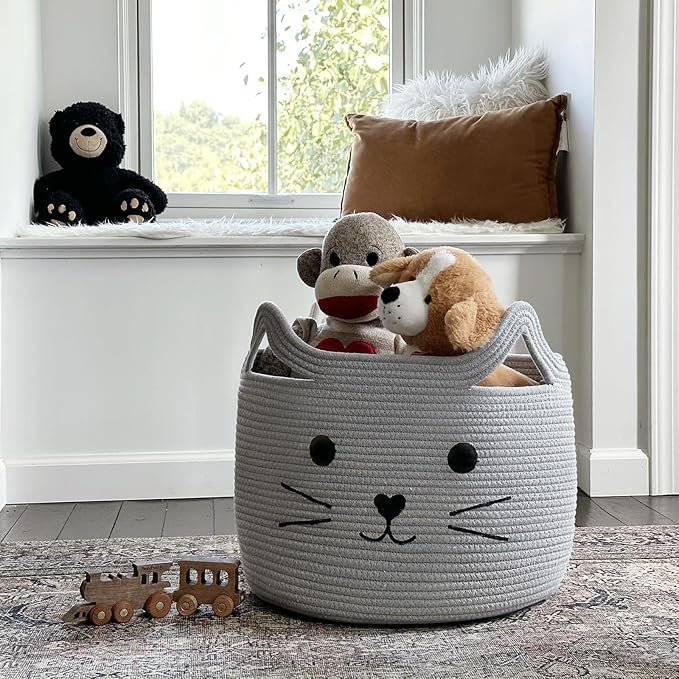 Large Woven Cotton Rope Storage Basket, Baby Laundry Basket Organizer for Towels, Blanket, Toys, Clothes, Gifts | Pet Gift Baskets for Cat, Dog - 15.7" L×11.8" H, Gray