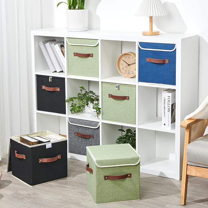 2PCS Storage Cubes with Lid Fabric Storage Bins Boxes PU Leather Handles Cotton Linen Closet Organizer Container Decorative Foldable Washable Shelf Cloth Basket (Zipper Lid, Green, 11in)