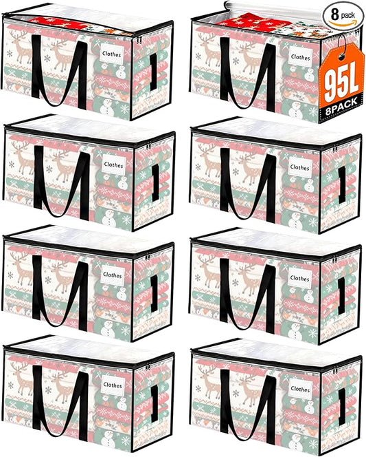 8 Pack Extra Large Heavy Duty Moving Bags,Clear Storage Bins with Lids,Moving Boxes with Zippers & Reinforced Handles,Waterproof Foldable Storage Totes for College Dorm,Traveling,Moving Supplies