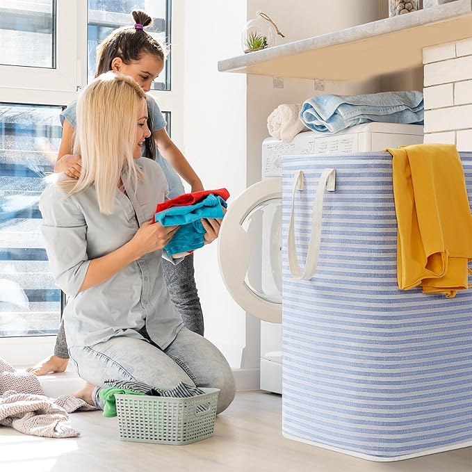 Lifewit 2 Pack Laundry Basket 80L Each, Collapsible Clothes Hamper with Reinforced Handles, Freestanding Waterproof Design for Bedroom and Laundry Room, Grey&Blue 160L Total