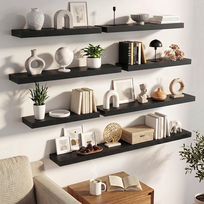 FLYJOE 27.5 Inch Floating Shelves for Wall Set of 2, 6.5" D Wood Grain Bathroom Shelves with Invisible Brackets, Easy Install Engineered Wood Storage Shelves for Kitchen, Living Room, Bedroom