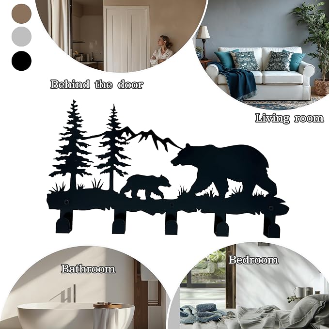 Metal Bear Coat Hooks - Animal Theme Wall Art Decor and Key Holder, Hangers for Clothes, Hat, and Backpack, Home Storage Decor for Entryway, Hallway, Office, Kitchen, and Living Room