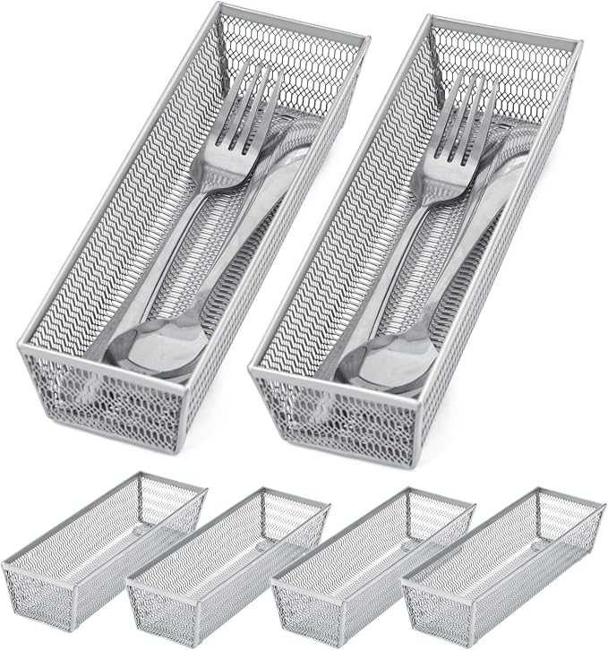 Neudeco Silverware Organizer, Silver, 9 * 3 * 2 inch, Pack 6 | Mesh Drawer Organizer, Metal Utensil Organizer, For Flatware, Knives, Spoons, Cosmetic