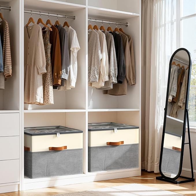 Lewondr Shoe Organizer for Closet, Foldable Shoe Storage Box with Adjustable Dividers and Clear Cover, Space Saving Shoes Holder with 4 Handles, Fits up to 16 Pairs, Beige+Gray