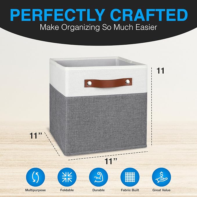 11 Inch Cube Storage Bin - 4 Pack - Linen Fabric 11x11 Cube Storage Bins for Bedroom, Living Room, Clothes and Toys; Foldable, Dual Leather Handles
